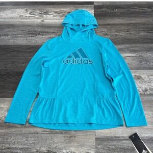NWT Adidas Aero Ready Light Blue Girls XL Ruffle Panel Spell Out Pullover Hoodie